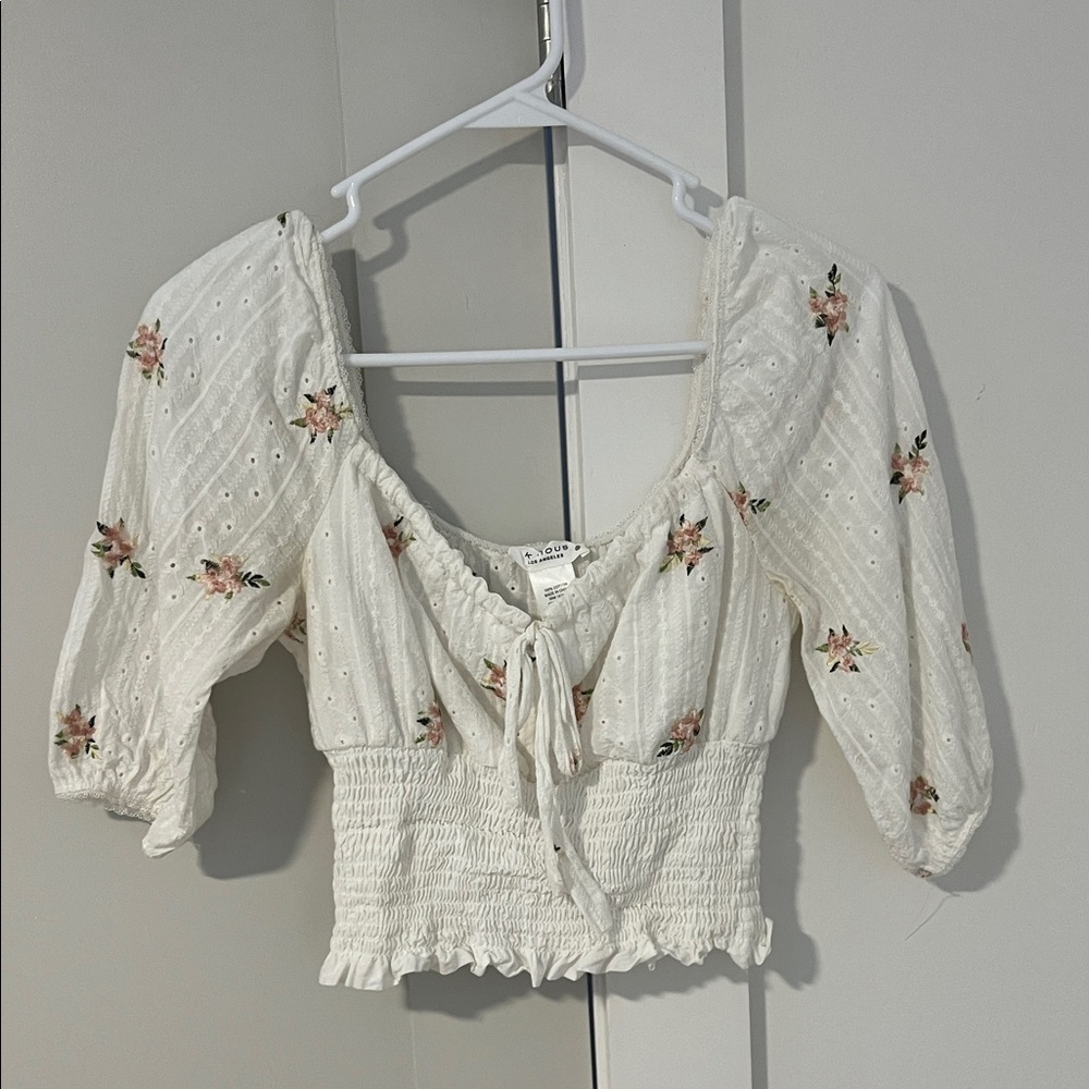 Floral Embroidered White Smocked Top